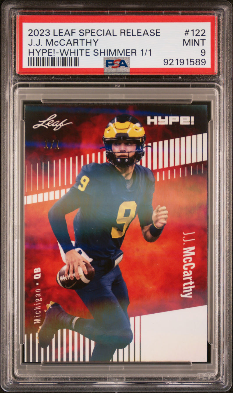 PSA 9 J.J. McCarthy 2023 Leaf HYPE #122 White Shimmer 1/1 Rookie Card Minnesota Vikings