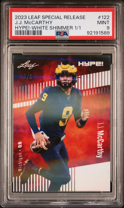 PSA 9 J.J. McCarthy 2023 Leaf Hype! #122 White Shimmer 1/1 Rookie Card