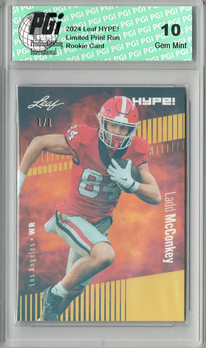 Ladd McConkey Rookie Card Los Angeles PGI 10 Gem Mint Football Trading Card 2024 Leaf HYPE! #163 Gold Shimmer 1/1