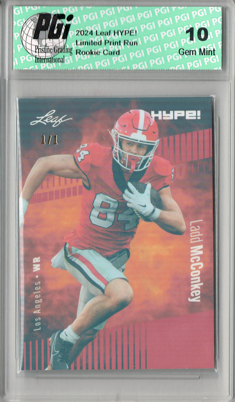 Ladd McConkey Rookie Card Los Angeles PGI 10 Gem Mint Football Trading Card 2024 Leaf HYPE! #163 Orange Shimmer 1/1