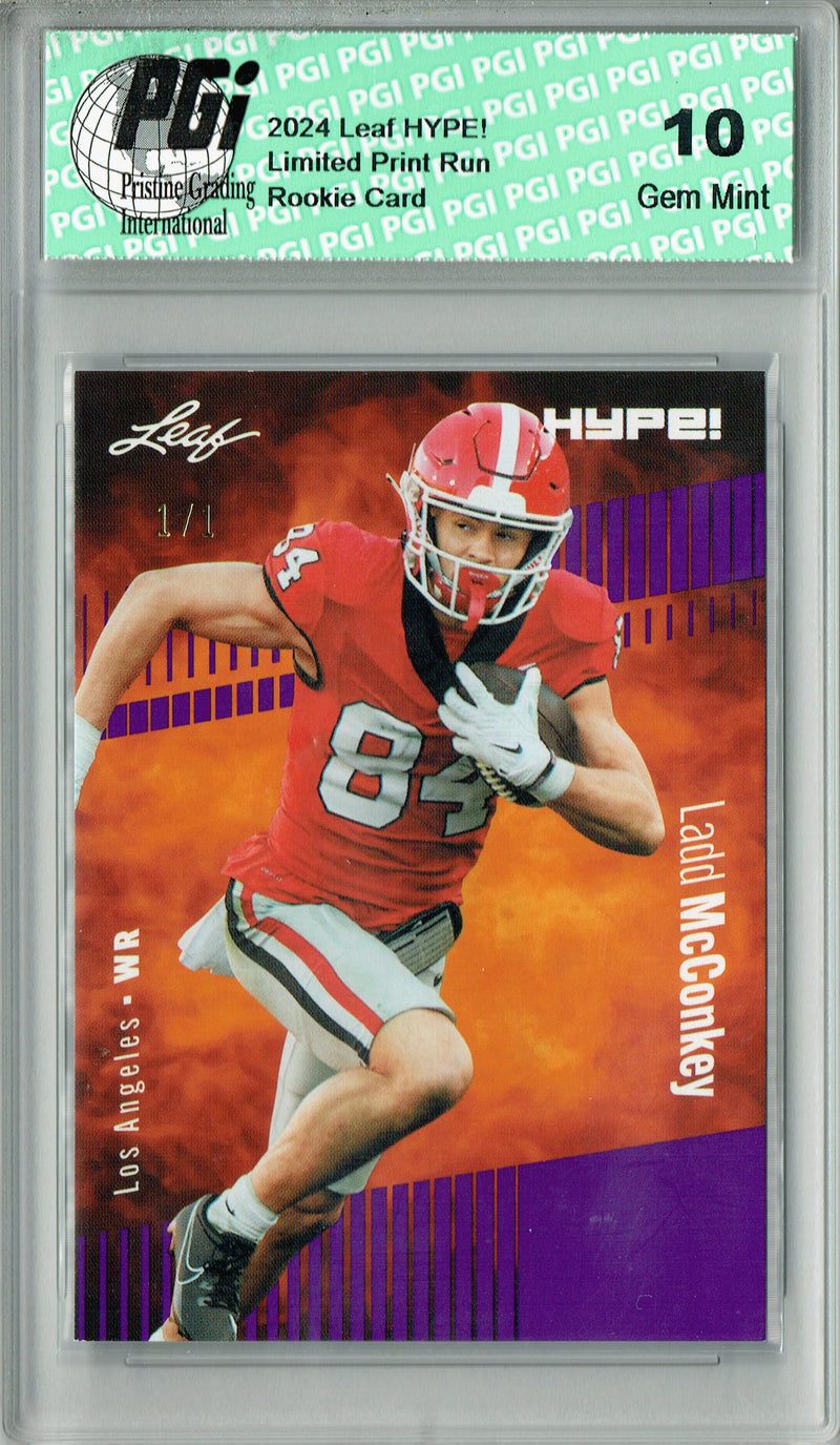Ladd McConkey Rookie Card Los Angeles PGI 10 Gem Mint Football Trading Card 2024 Leaf HYPE! #163 Purple Blank Back 1/1