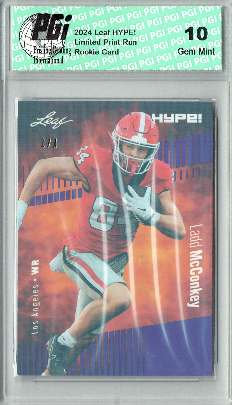 Ladd McConkey Rookie Card Los Angeles PGI 10 Gem Mint Football Trading Card 2024 Leaf HYPE! #163 Purple Shimmer 1/1