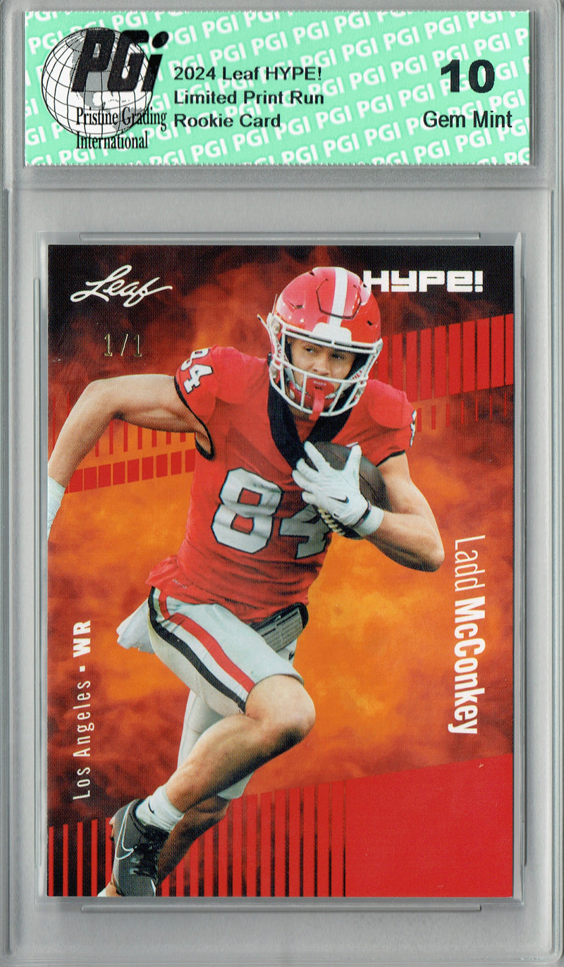 Ladd McConkey Rookie Card Los Angeles PGI 10 Gem Mint Football Trading Card 2024 Leaf HYPE! #163 Red Blank Back 1/1