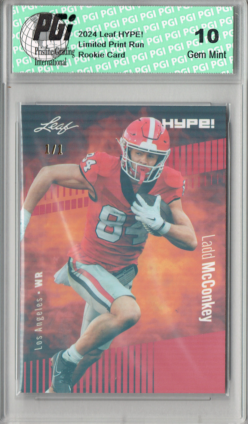 Ladd McConkey Rookie Card Los Angeles PGI 10 Gem Mint Football Trading Card 2024 Leaf HYPE! #163 Red Shimmer 1/1