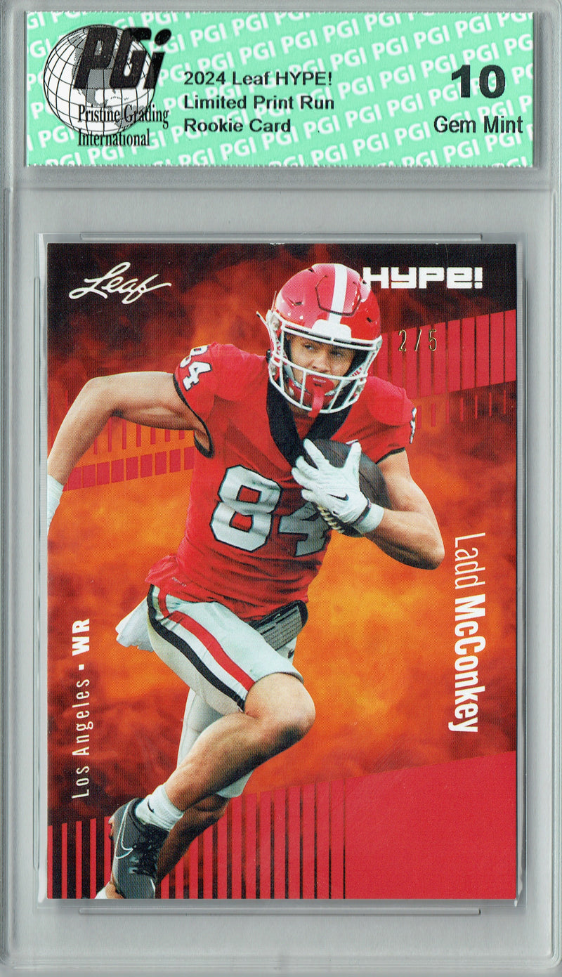 Ladd McConkey Rookie Card Los Angeles PGI 10 Gem Mint Football Trading Card 2024 Leaf HYPE! #NFL Red SP 5 Made