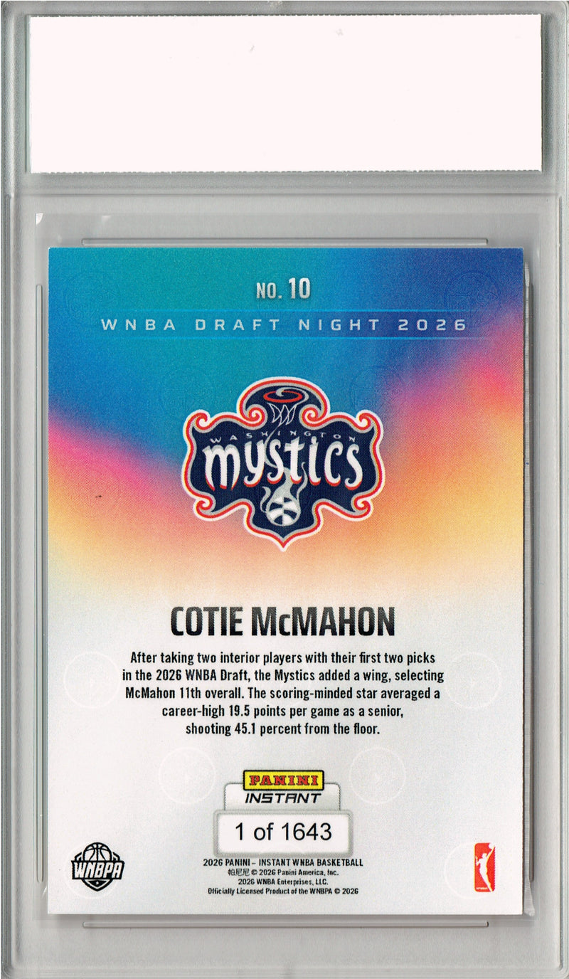 Cotie McMahon Rookie Card Washington Mystics 2026 WNBA Draft Night #DN-10 1 of 1643 PGI 10 Gem Mint Trading Card