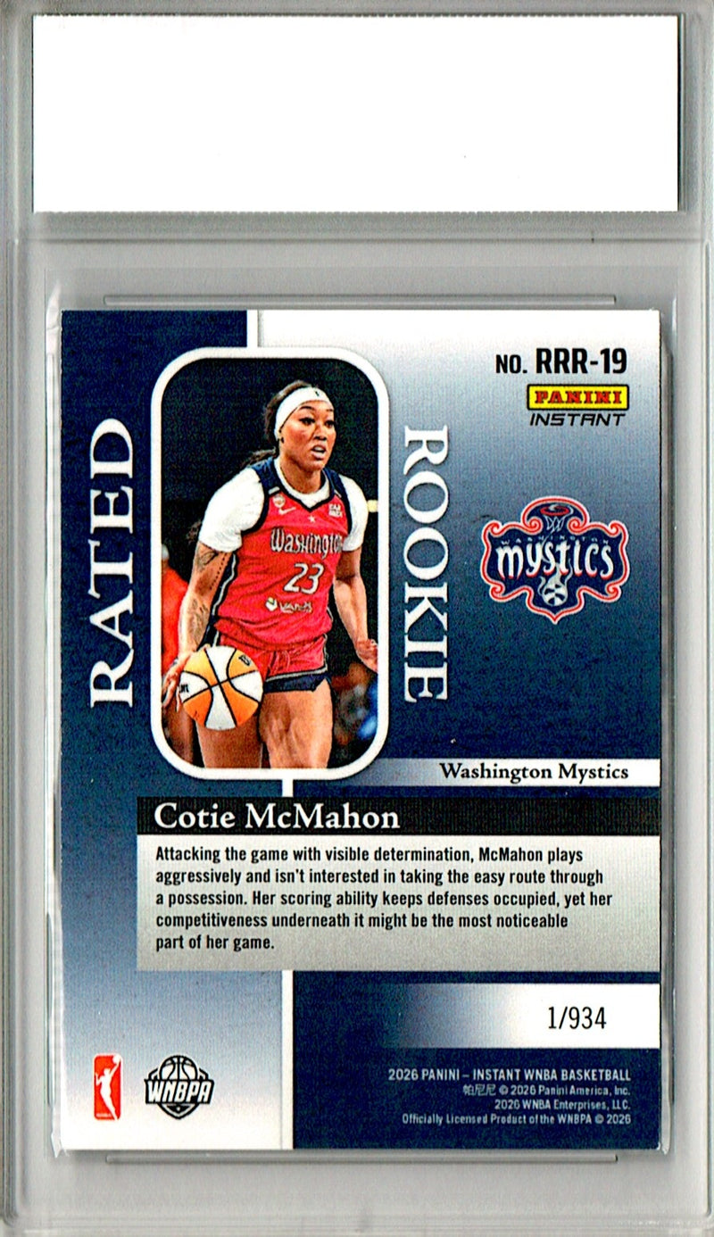 Cotie McMahon Rookie Card 2026 Panini Instant #RRR-19 Rated Rookie, PGI 10, Washington Mystics Basketball