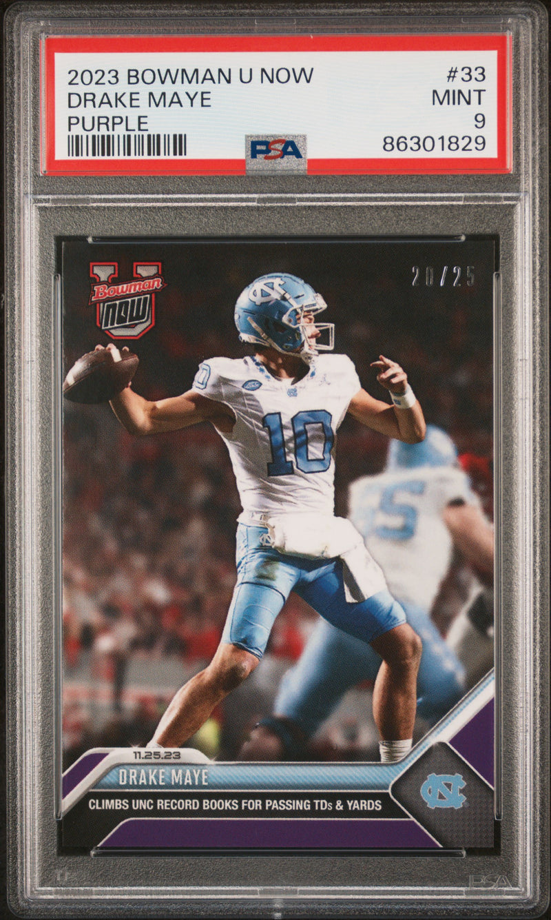 PSA 9 Drake Maye 2023 Bowman University Now #33 Purple SP #20/25 Rookie Card New England Patriots