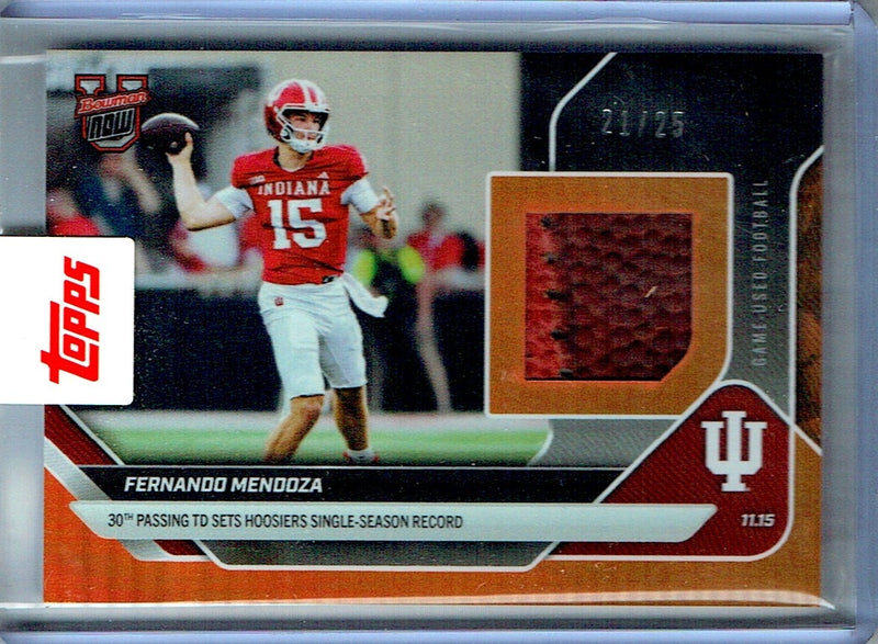 Mint Fernando Mendoza 2025 Bowman University Now #45A Orange 3 Color Relic #21/25 Rookie Card
