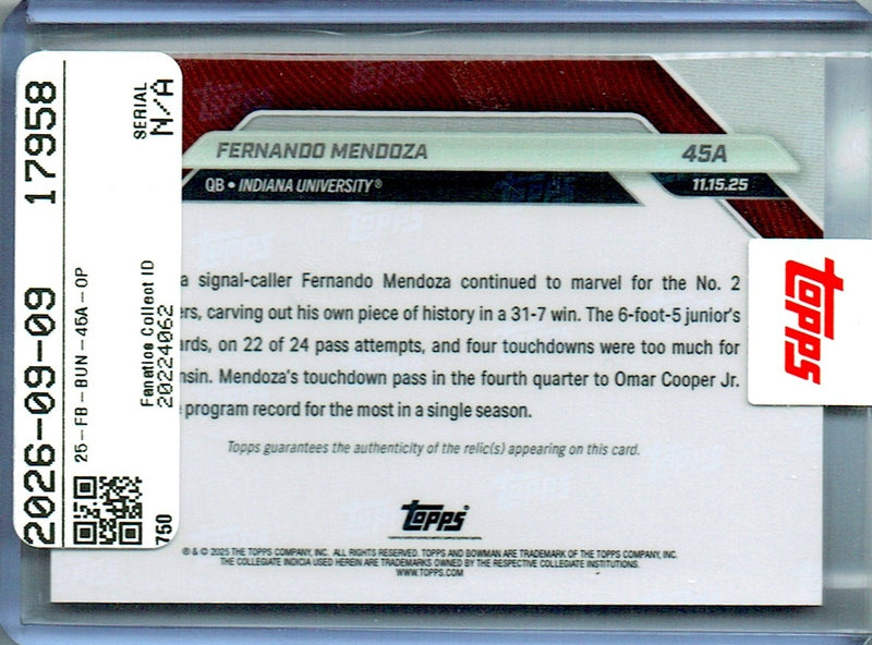 Mint Fernando Mendoza 2025 Bowman University Now #45A Orange 3 Color Relic #21/25 Rookie Card