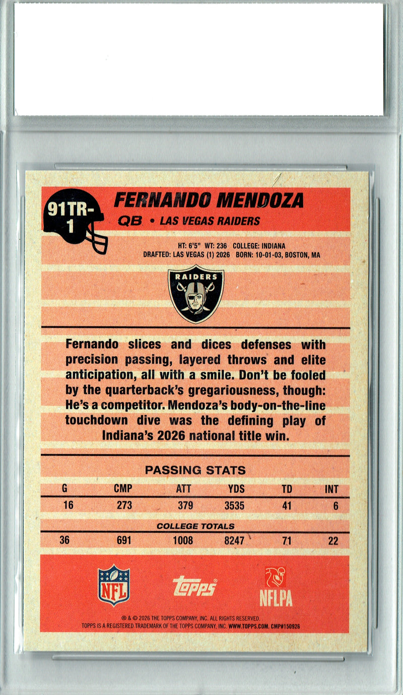 Fernando Mendoza Rookie Card 2026 Topps #91TR-1 Throwback, PGI 10, Las Vegas Raiders Football