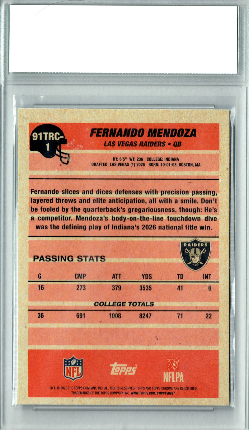 Fernando Mendoza 2026 Topps Chrome #91-TRC1 Mojo SP Rookie Card PGI 10