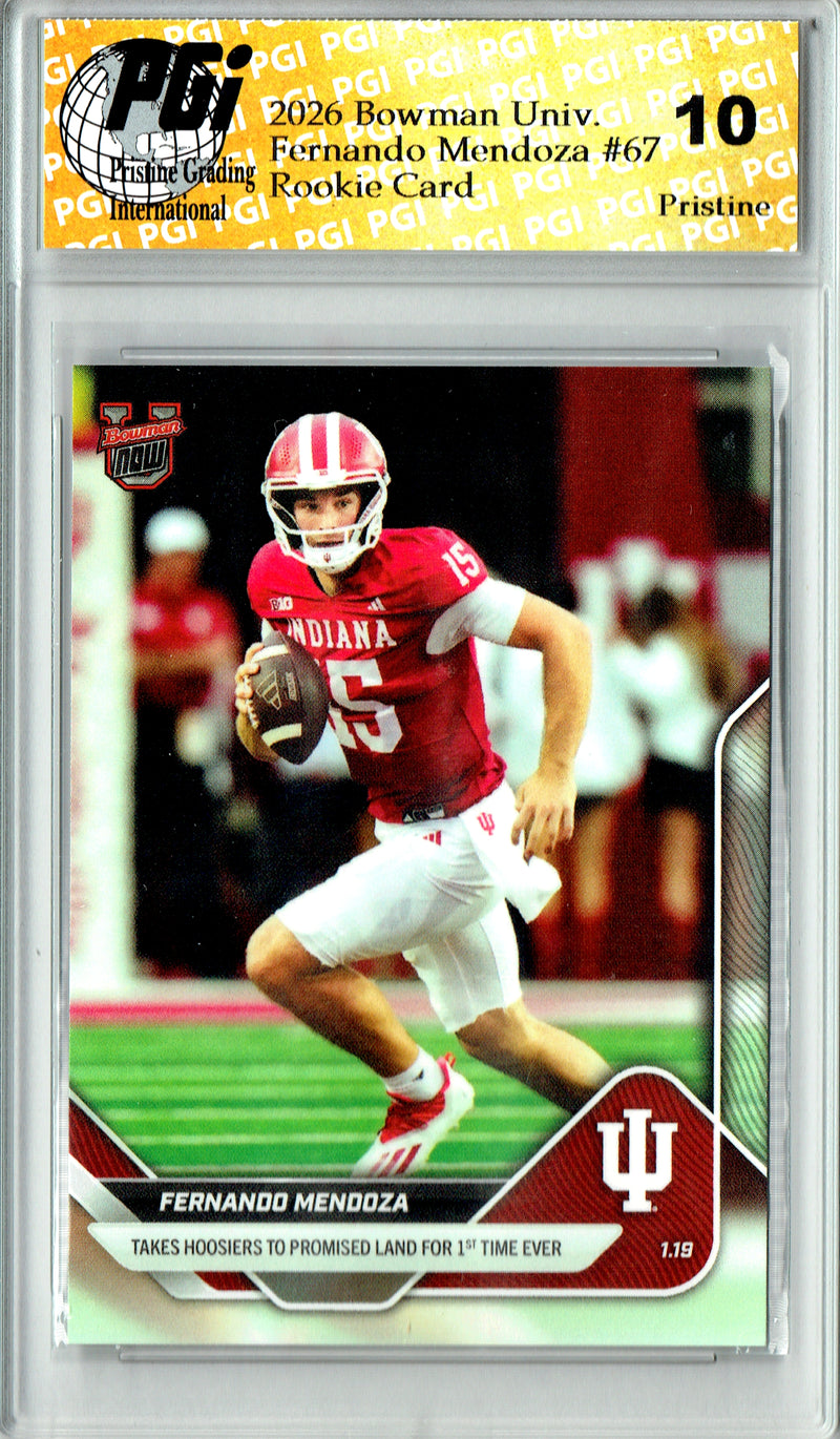 Fernando Mendoza Rookie Card 2026 Bowman University Now #67 PRISTINE, PGI 10, Las Vegas Raiders Football