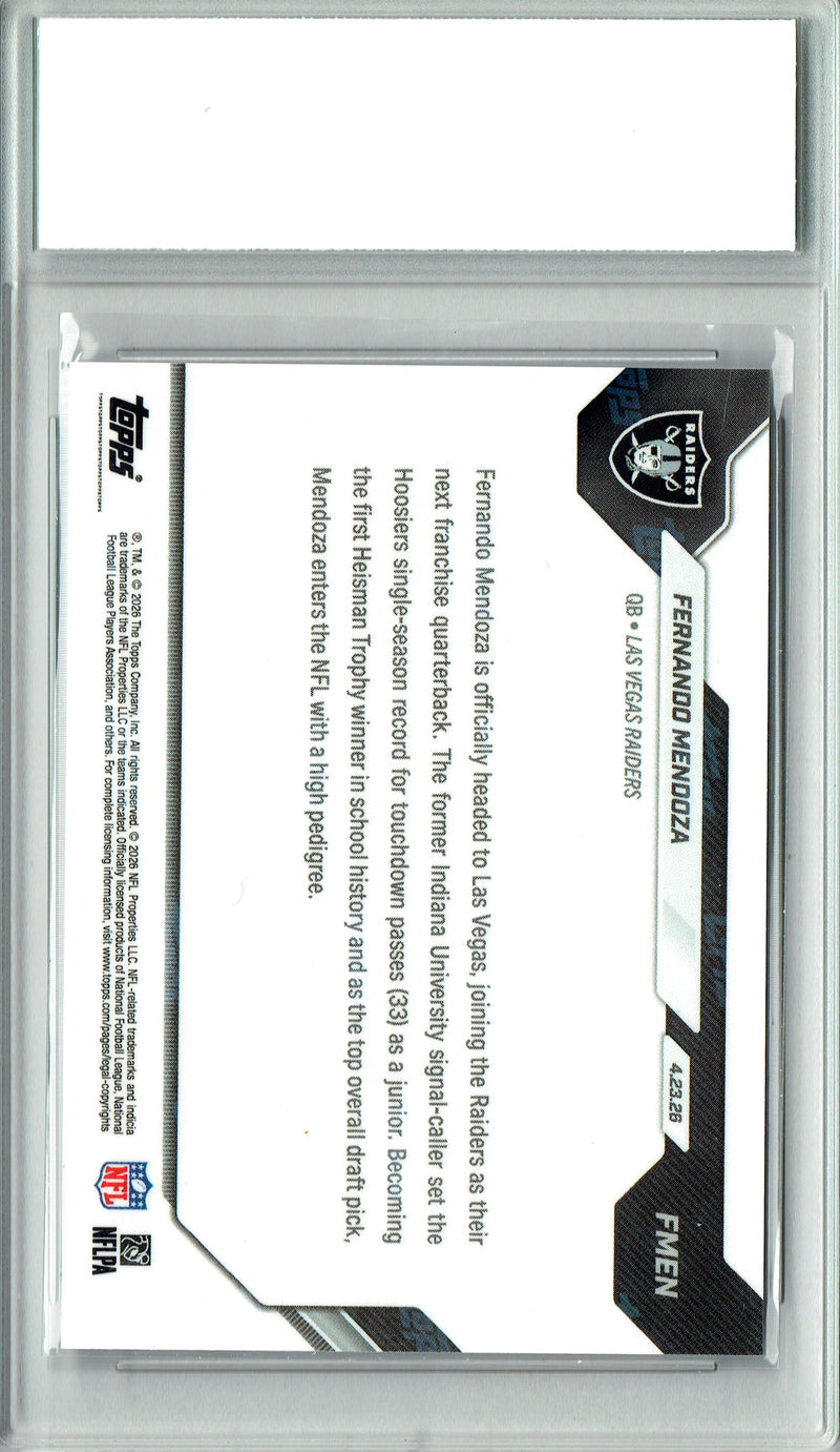 Fernando Mendoza Rookie Card 2026 Topps Now #FMEN PRISTINE, PGI 10, Las Vegas Raiders Football