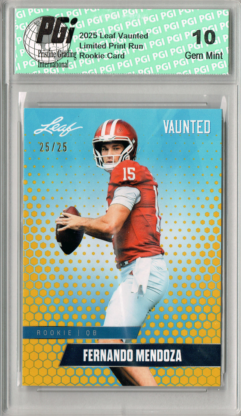 Fernando Mendoza Rookie Card Indiana / Las Vegas PGI 10 Football Trading Card 2025 Leaf Vaunted #V-07 Gold SP 25 Made