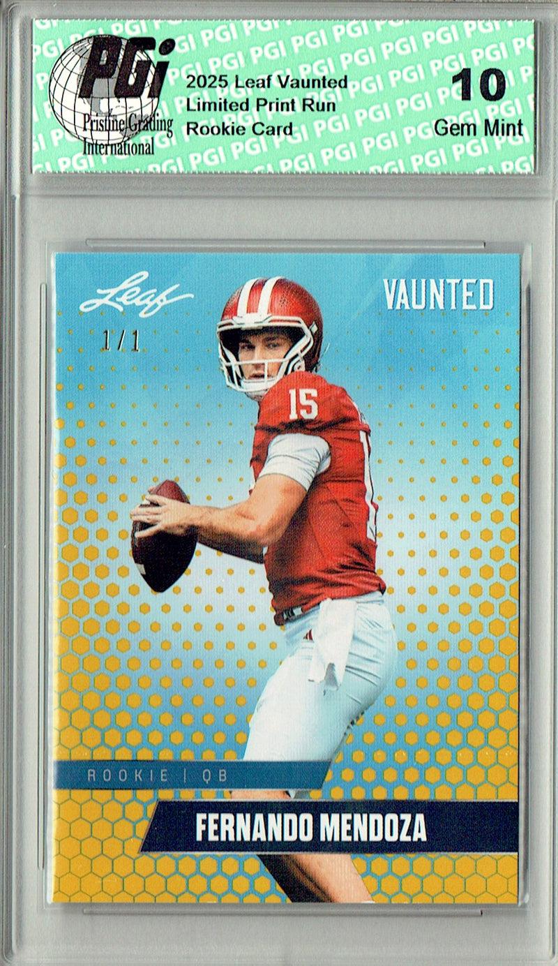 Fernando Mendoza Rookie Card Indiana / Las Vegas PGI 10 Football Trading Card 2025 Leaf Vaunted #V-07 Gold Blank Back 1/1