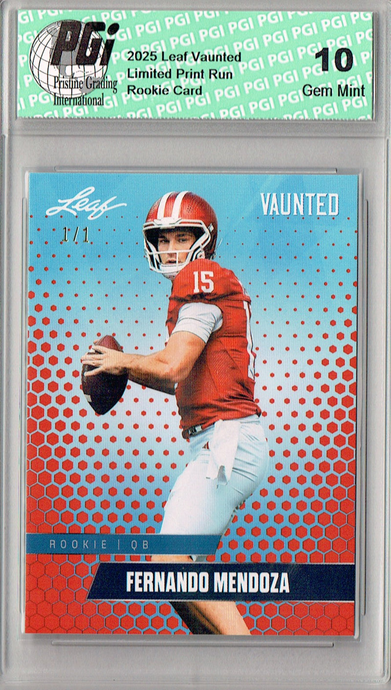 Fernando Mendoza Rookie Card Indiana / Las Vegas PGI 10 Football Trading Card 2025 Leaf Vaunted #V-07 Orange Blank Back 1/1