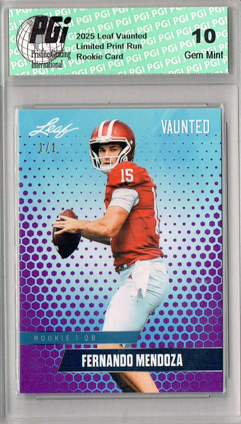 Fernando Mendoza Rookie Card Indiana / Las Vegas PGI 10 Football Trading Card 2025 Leaf Vaunted #V-07 Purple Blank Back 1/1