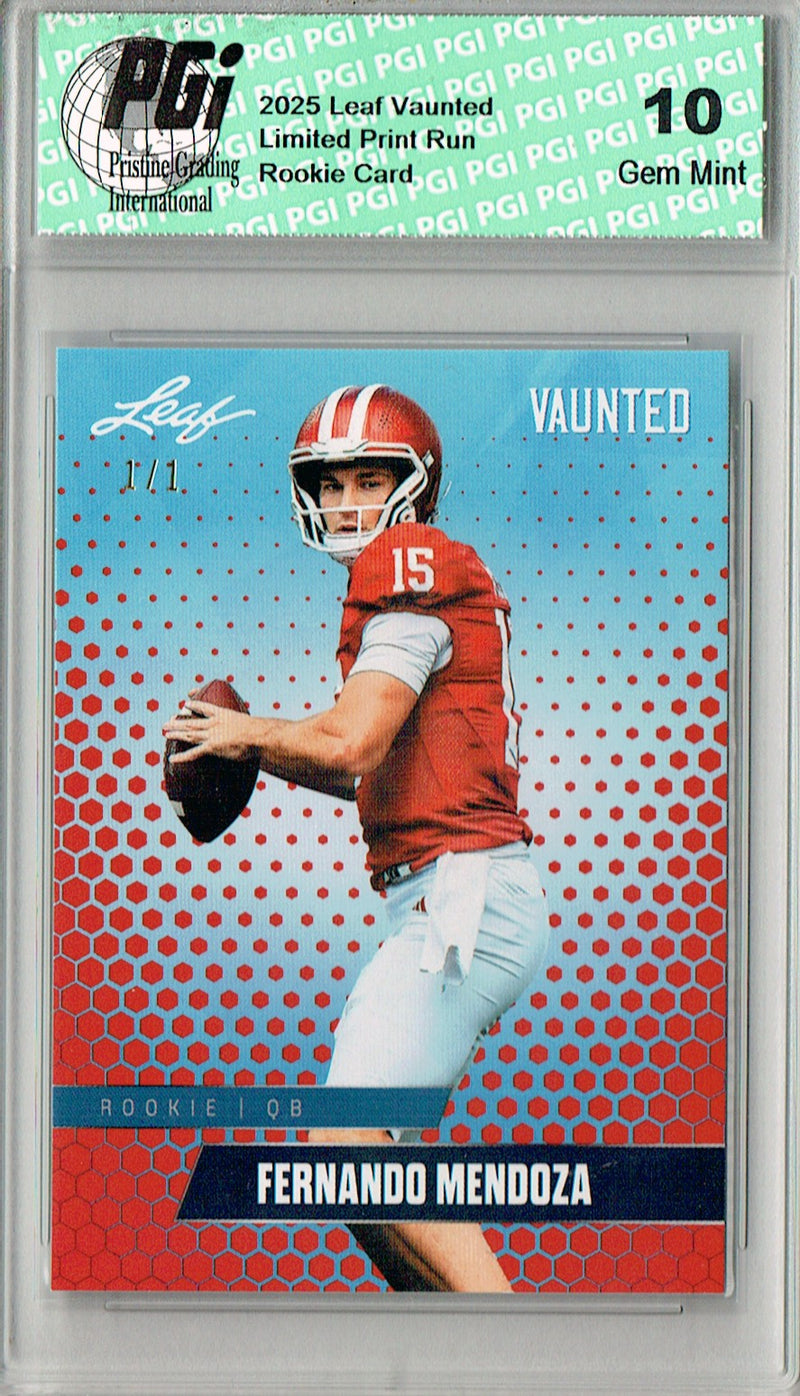 Fernando Mendoza Rookie Card Indiana / Las Vegas PGI 10 Football Trading Card 2025 Leaf Vaunted #V-07 Red Blank Back 1/1