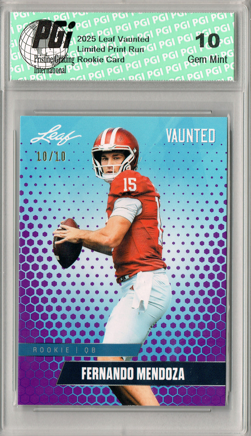 Fernando Mendoza Rookie Card Indiana / Las Vegas PGI 10 Football Trading Card 2025 Leaf Vaunted #V-07 Purple SP 10 Made