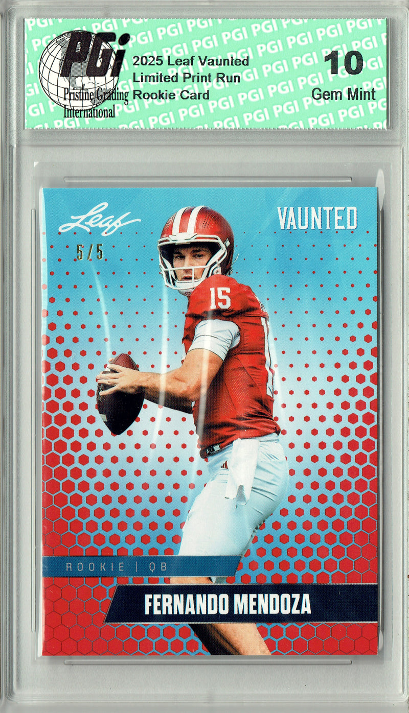 Fernando Mendoza Rookie Card Indiana / Las Vegas PGI 10 Football Trading Card 2025 Leaf Vaunted #V-07 Red SP 5 Made