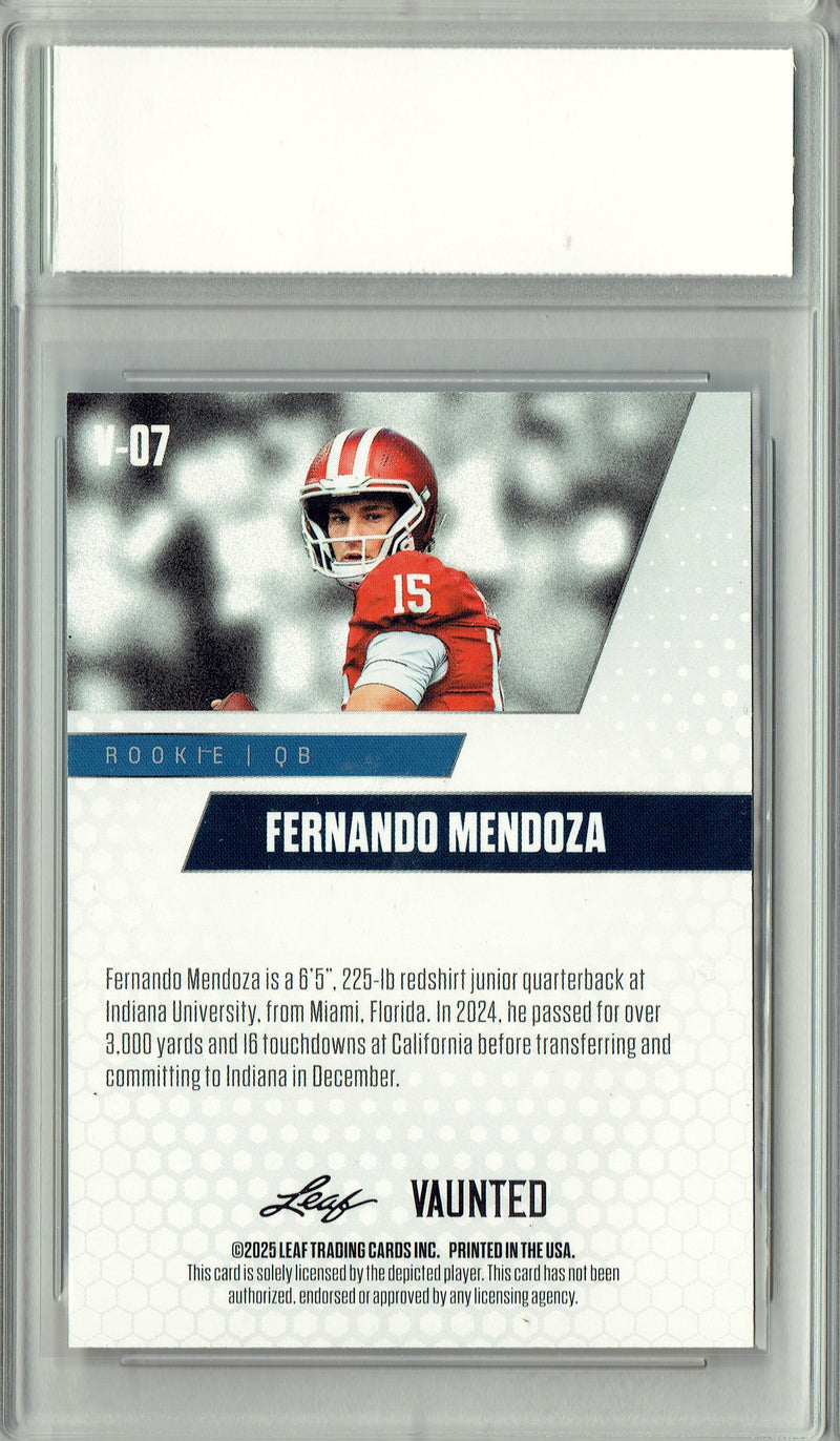 Fernando Mendoza Rookie Card Indiana / Las Vegas PGI 10 Football Trading Card 2025 Leaf Vaunted #V-07 Red SP 5 Made