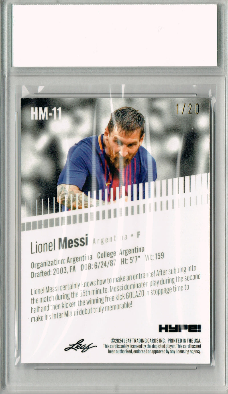 Lionel Messi Trading Card 2024 Leaf HYPE! #HM-11 Metal #1/20 Blue, PGI 10, Inter Miami Soccer