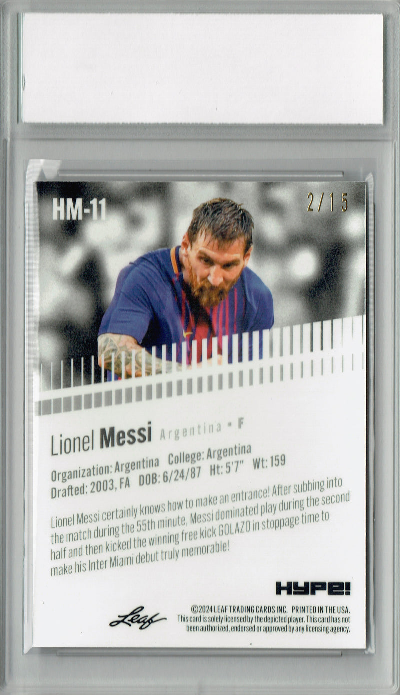 Lionel Messi Rare Soccer Trading Card 2024 Leaf HYPE! Metal #HM-11 Purple Only 15 Made PGI 10 Barcelona