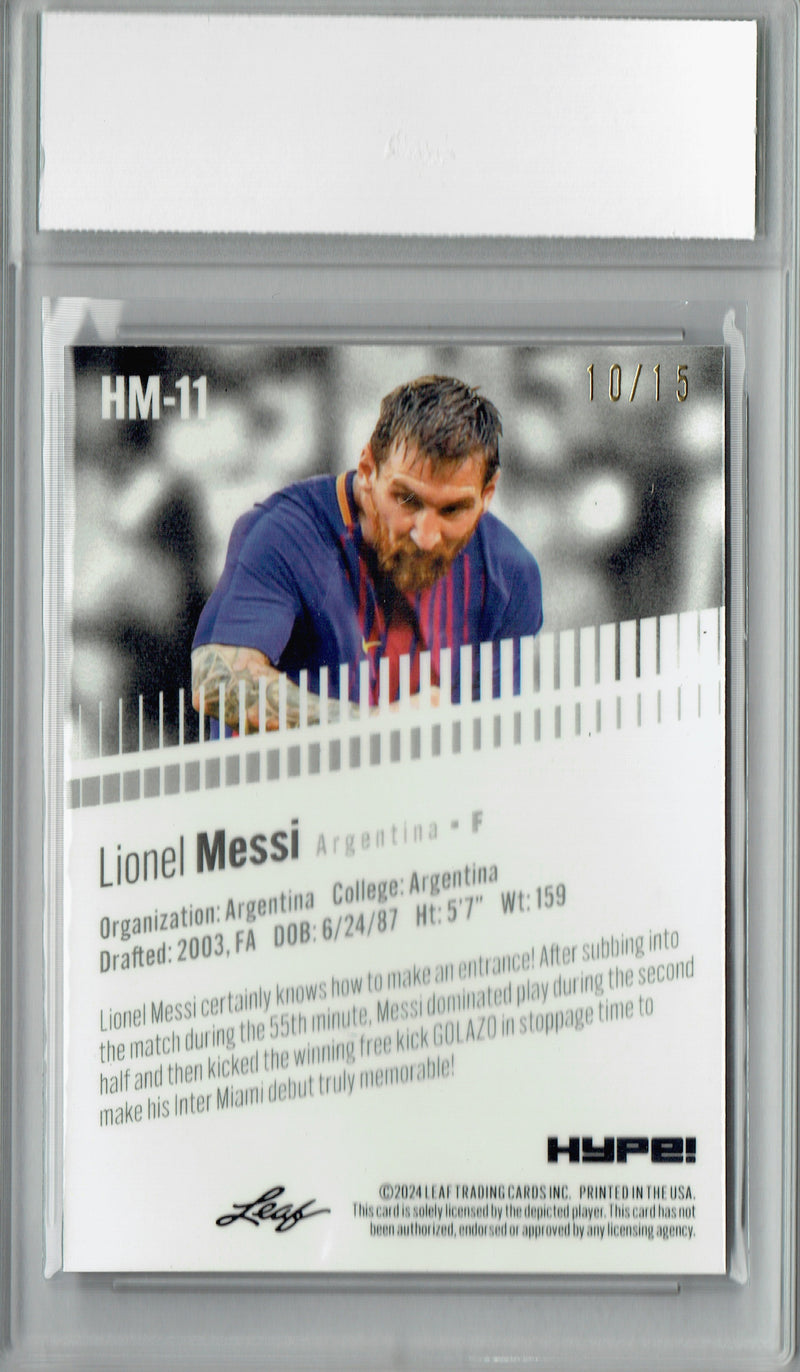 Lionel Messi Trading Card 2024 Leaf HYPE! #HM-11 Metal Jersey #10/15 Purple, PGI 10, Inter Miami Soccer