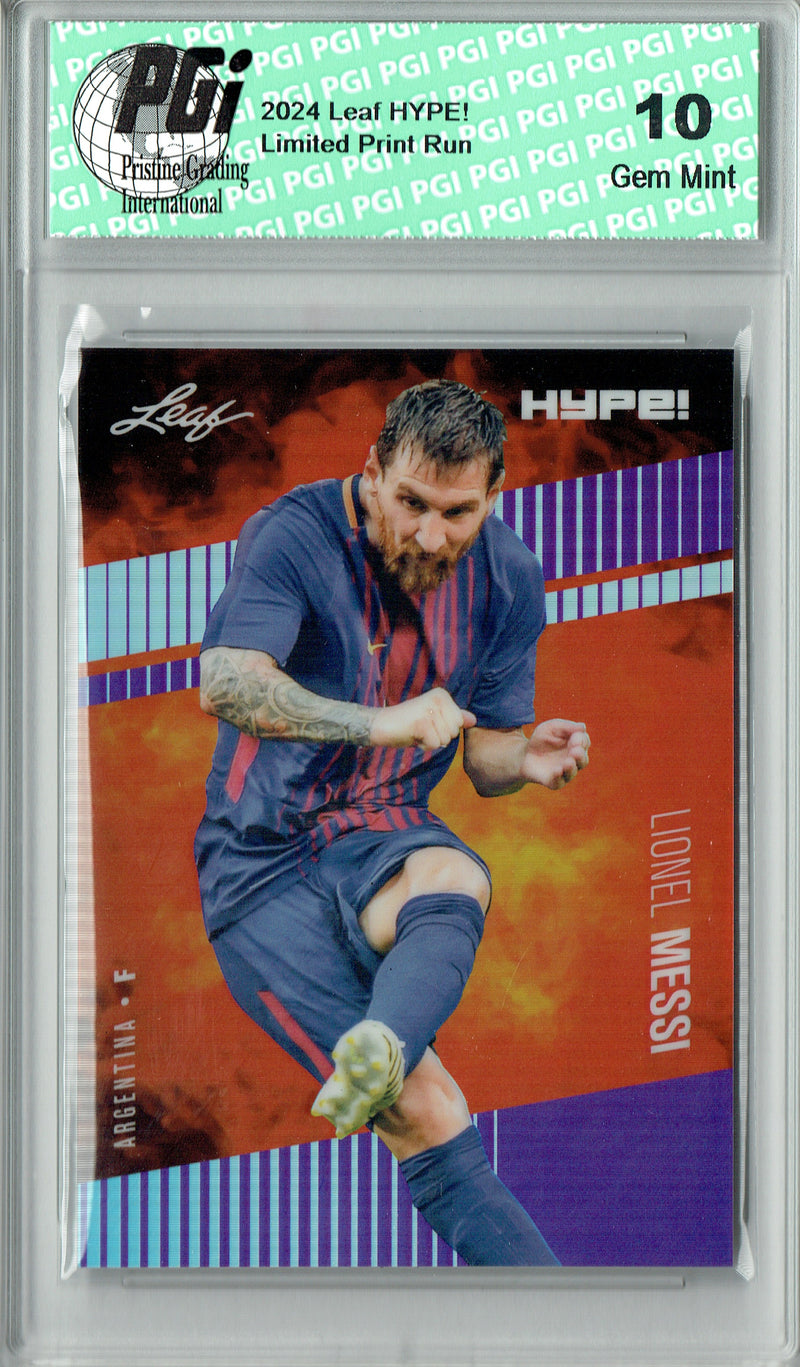 Lionel Messi Trading Card 2024 Leaf HYPE! #HM-11 Metal Jersey #10/15 Purple, PGI 10, Inter Miami Soccer