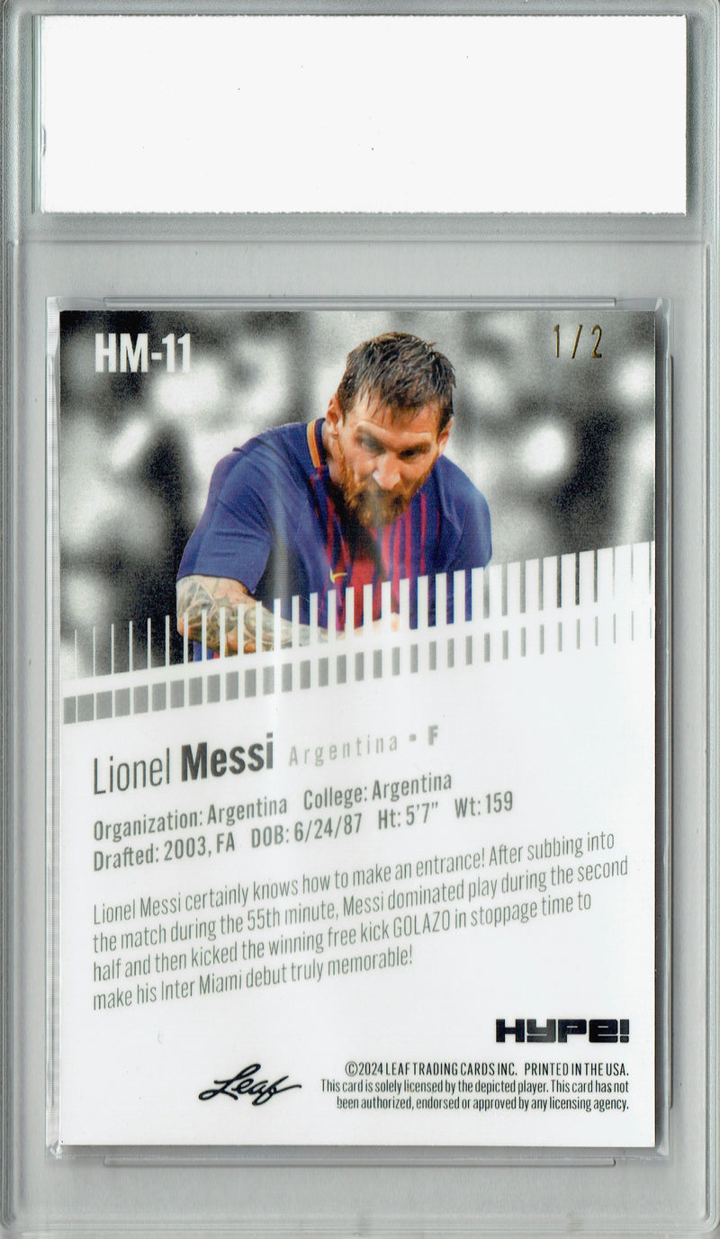Lionel Messi Trading Card 2024 Leaf HYPE! #HM-11 Metal The #1/2 Red, PGI 10, Inter Miami Soccer
