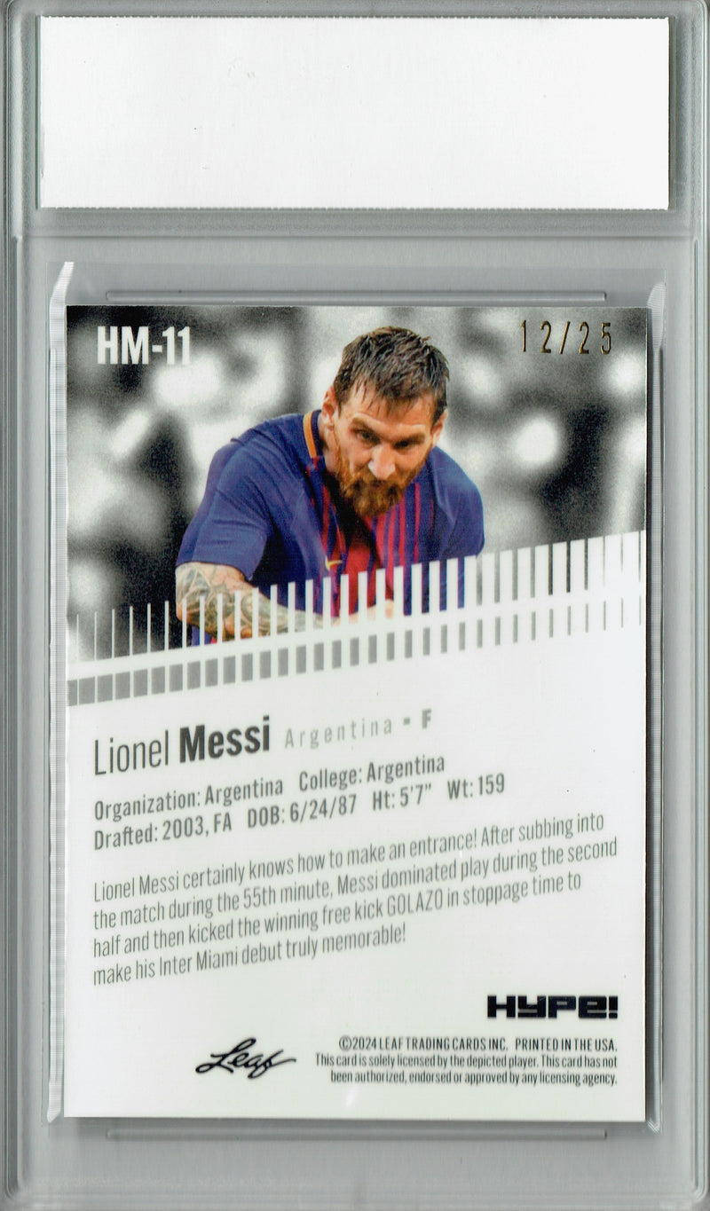 Lionel Messi Rare Soccer Trading Card 2024 Leaf HYPE! Metal #HM-11 Silver Only 25 Made PGI 10 Barcelona