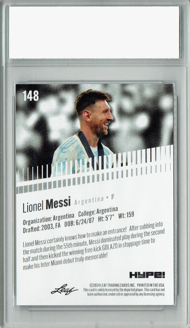 Lionel Messi 2024 Leaf HYPE! #148 Purple SP 10 Made Rare Trading Card PGI 10