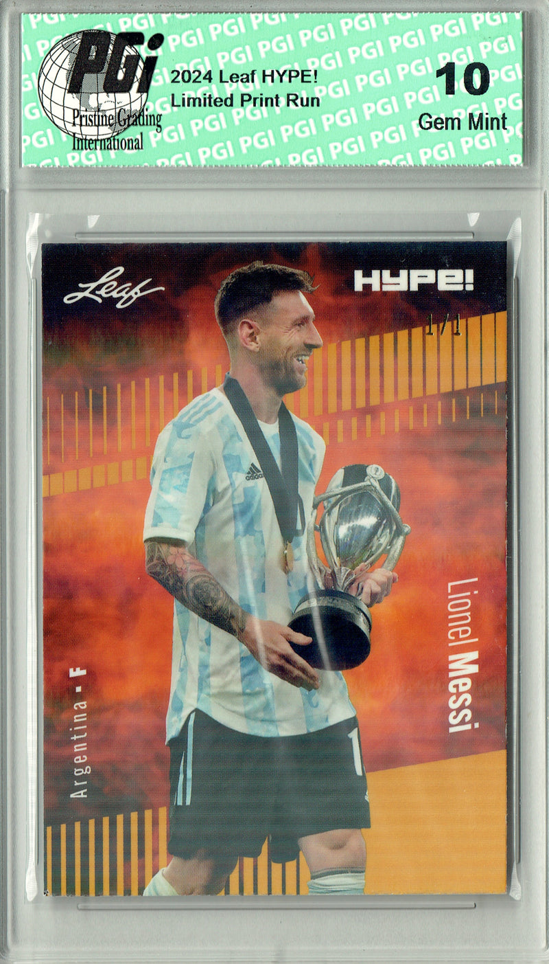 Lionel Messi 2024 Leaf HYPE! #148 Gold Shimmer 1/1 Rookie Card PGI 10