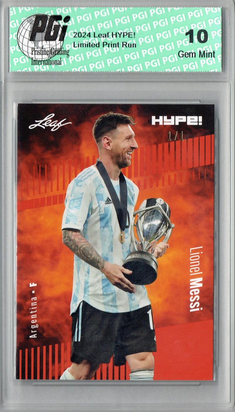 Lionel Messi 2024 Leaf HYPE! #148 Orange Blank Back 1/1 Rookie Card PGI 10