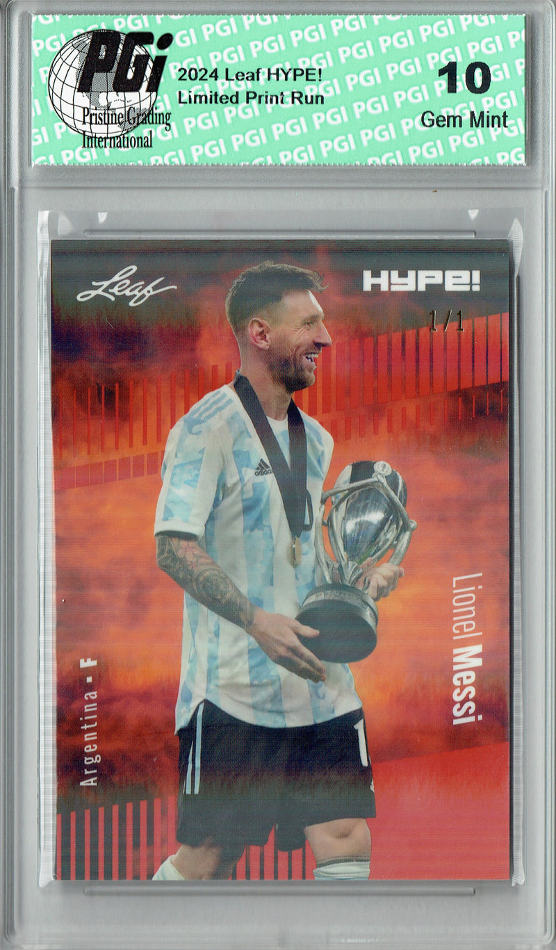 Lionel Messi 2024 Leaf HYPE! #148 Orange Shimmer 1/1 Rookie Card PGI 10