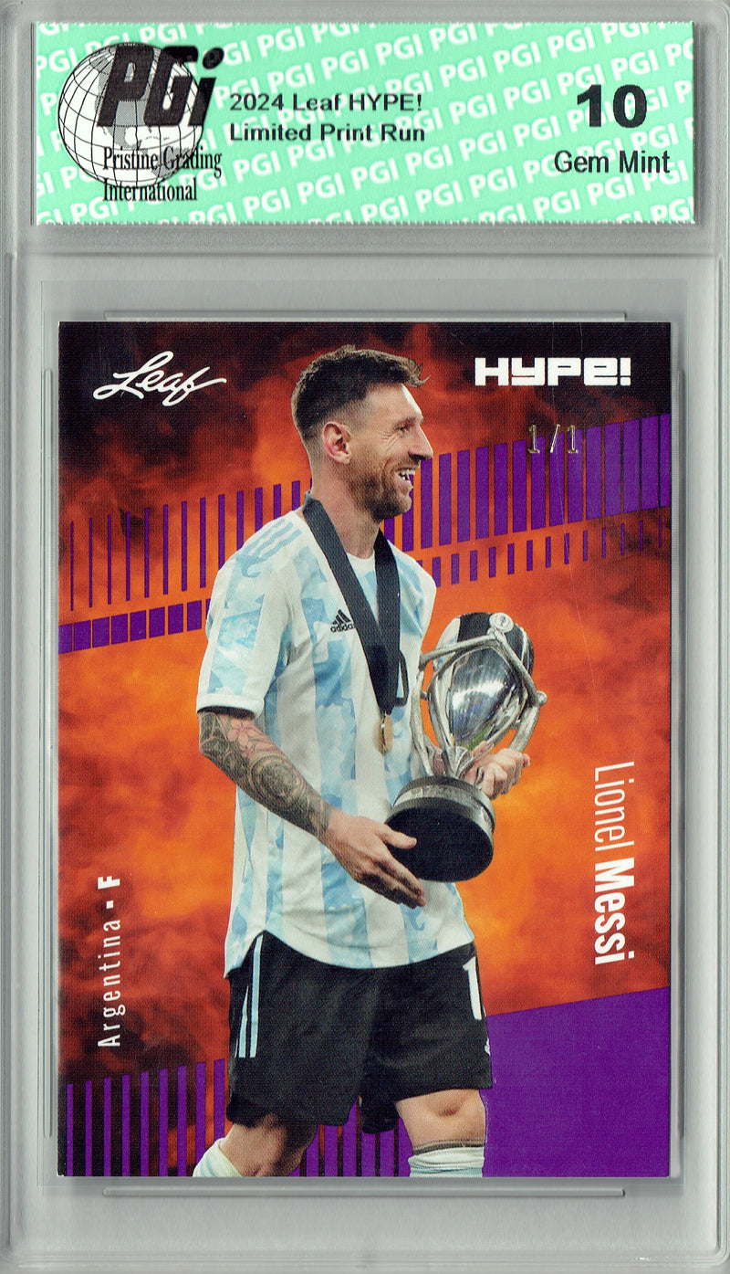 Lionel Messi 2024 Leaf HYPE! #148 Purple Blank Back 1/1 Rookie Card PGI 10