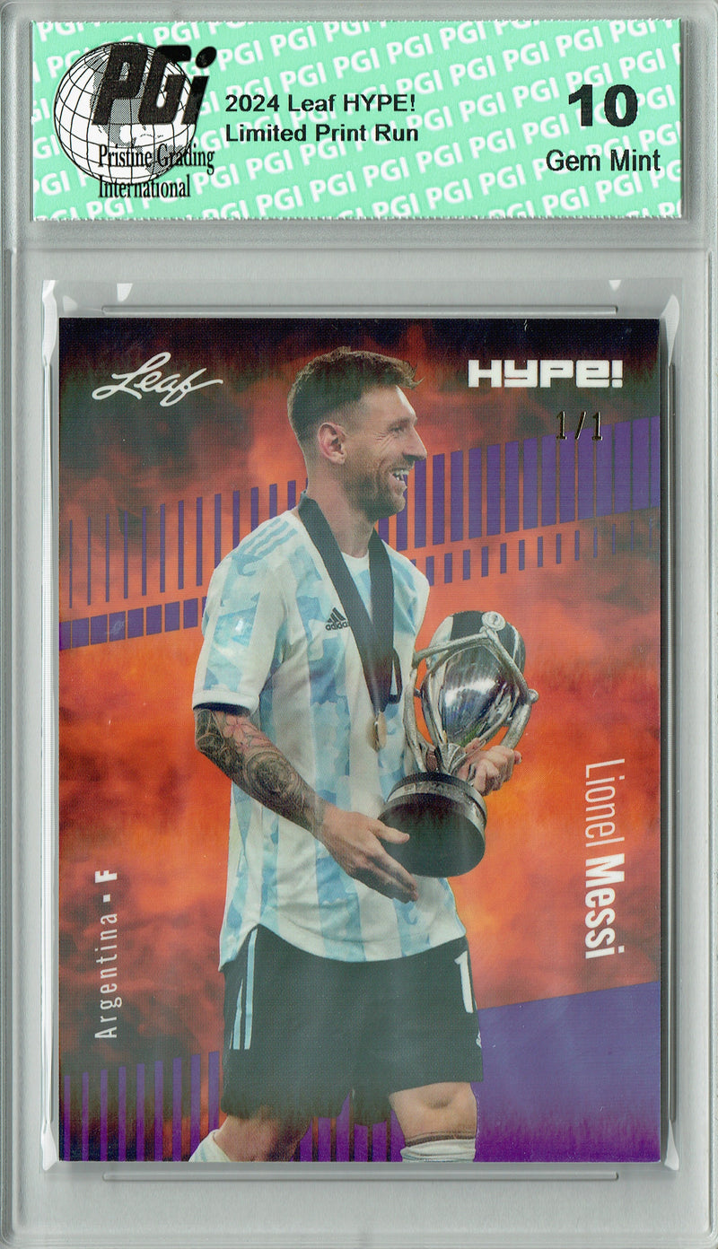 Lionel Messi 2024 Leaf HYPE! #148 Purple Shimmer 1/1 Rookie Card PGI 10