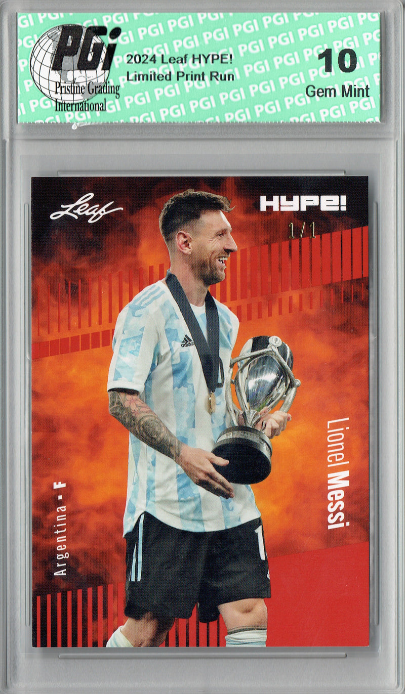Lionel Messi 2024 Leaf HYPE! #148 Red Blank Back 1/1 Rookie Card PGI 10