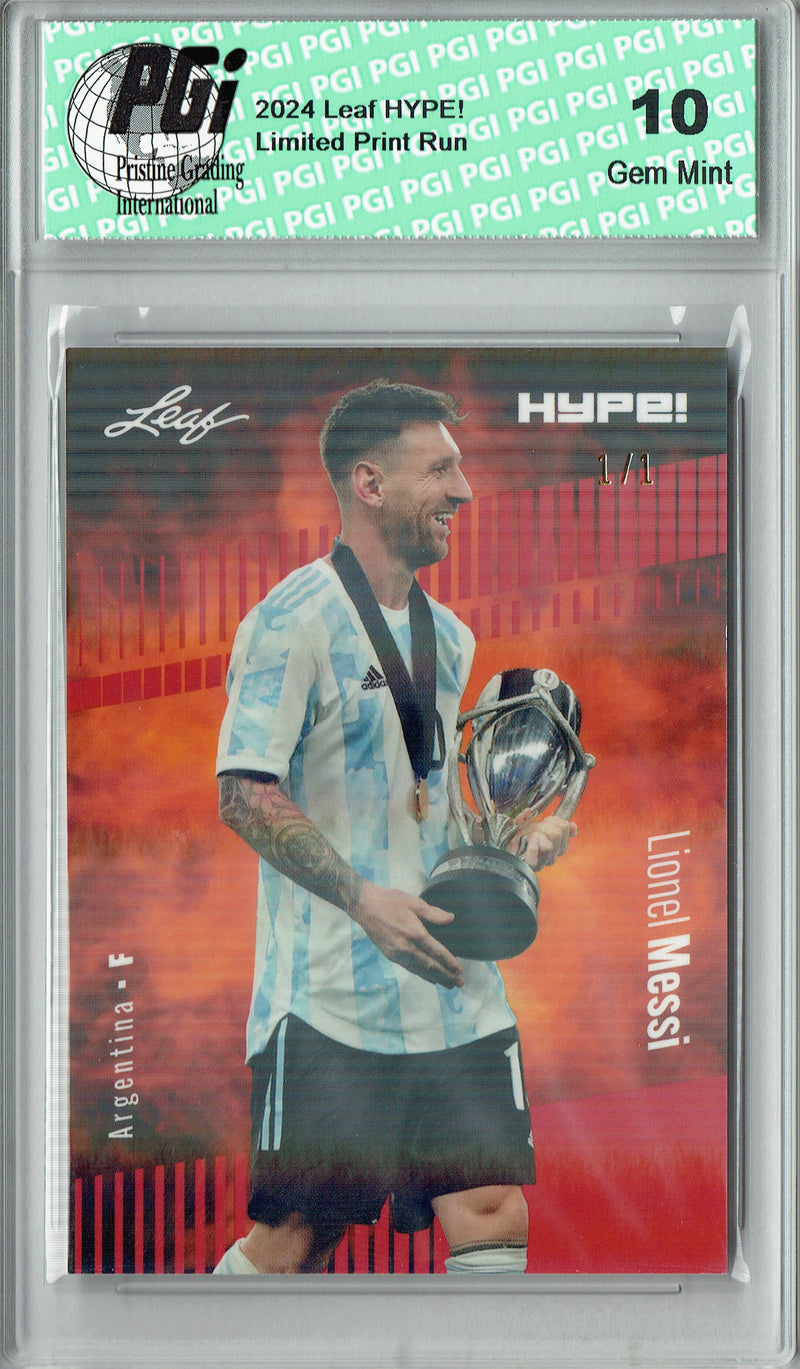 Lionel Messi 2024 Leaf HYPE! #148 Red Shimmer 1/1 Rookie Card PGI 10