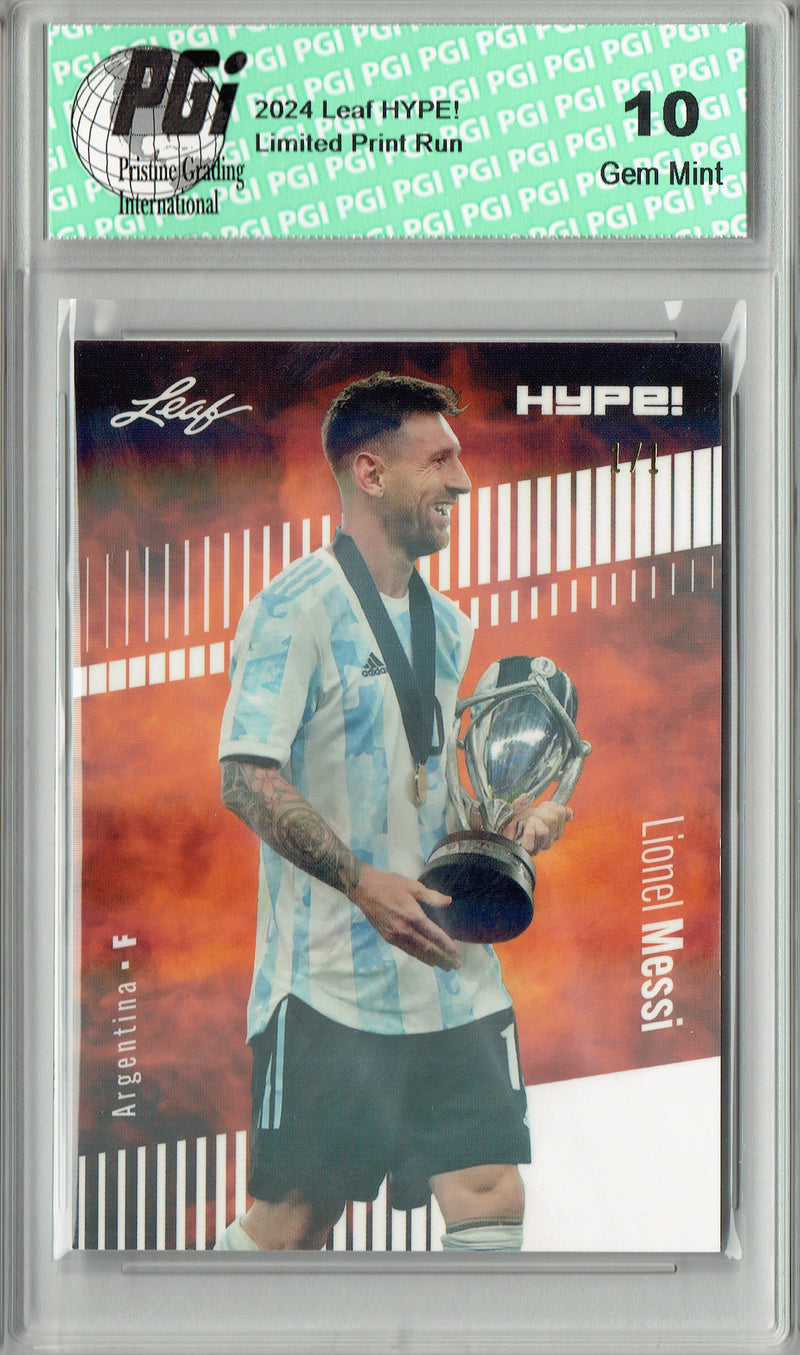 Lionel Messi 2024 Leaf HYPE! #148 White Shimmer 1/1 Rookie Card PGI 10