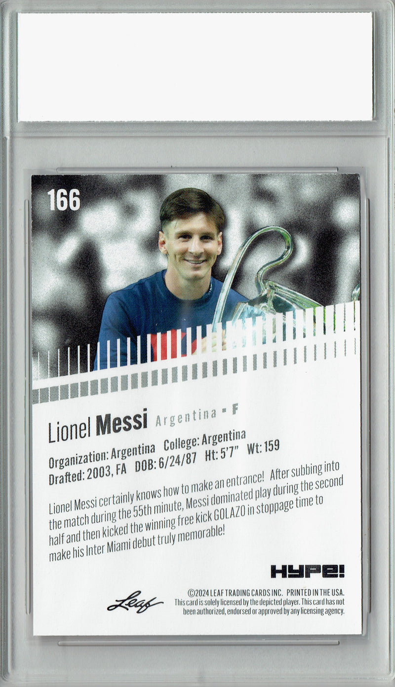 Lionel Messi 2024 Leaf HYPE! #166 Red Shimmer 1/1 Rookie Card PGI 10