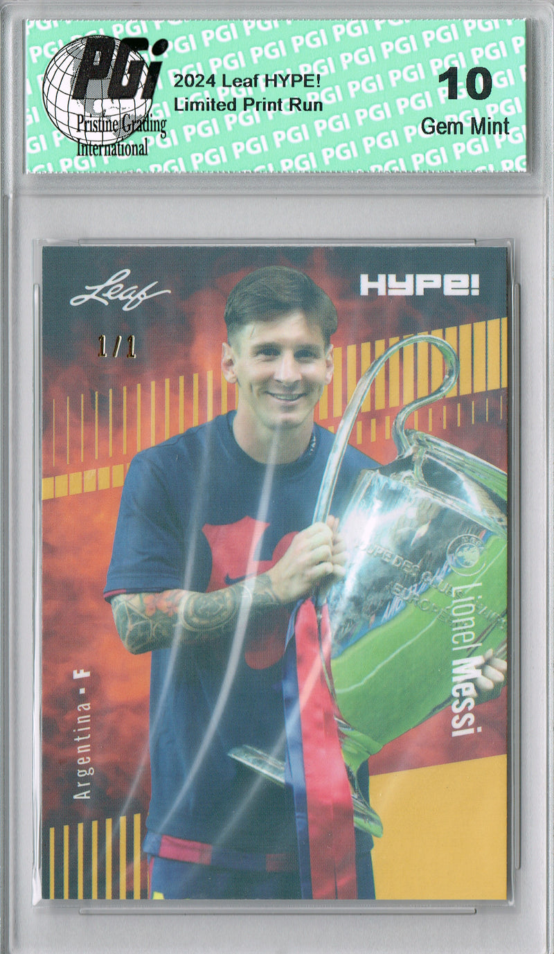 Lionel Messi 2024 Leaf HYPE! #166 Gold Shimmer 1/1 Rookie Card PGI 10