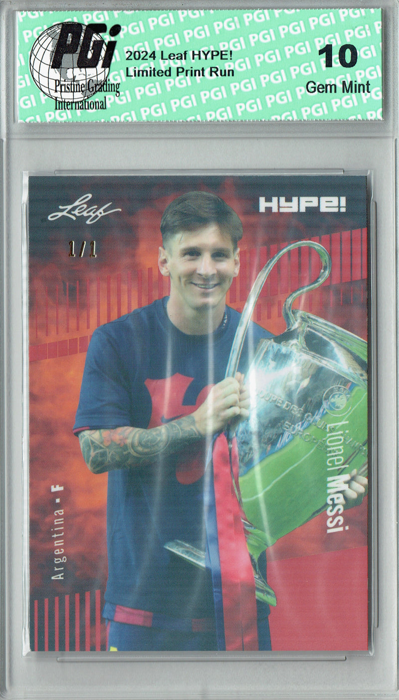 Lionel Messi 2024 Leaf HYPE! #166 Orange Shimmer 1/1 Rookie Card PGI 10