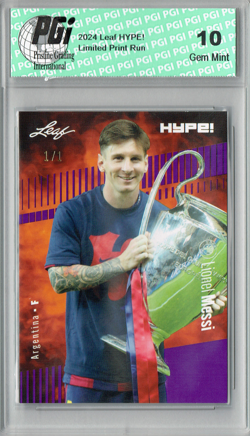 Lionel Messi 2024 Leaf HYPE! #166 Purple Blank Back 1/1 Rookie Card PGI 10