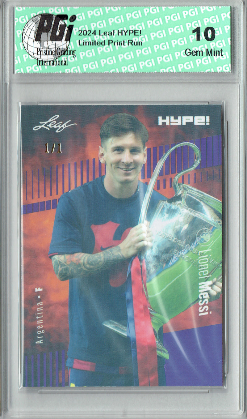 Lionel Messi 2024 Leaf HYPE! #166 Purple Shimmer 1/1 Rookie Card PGI 10