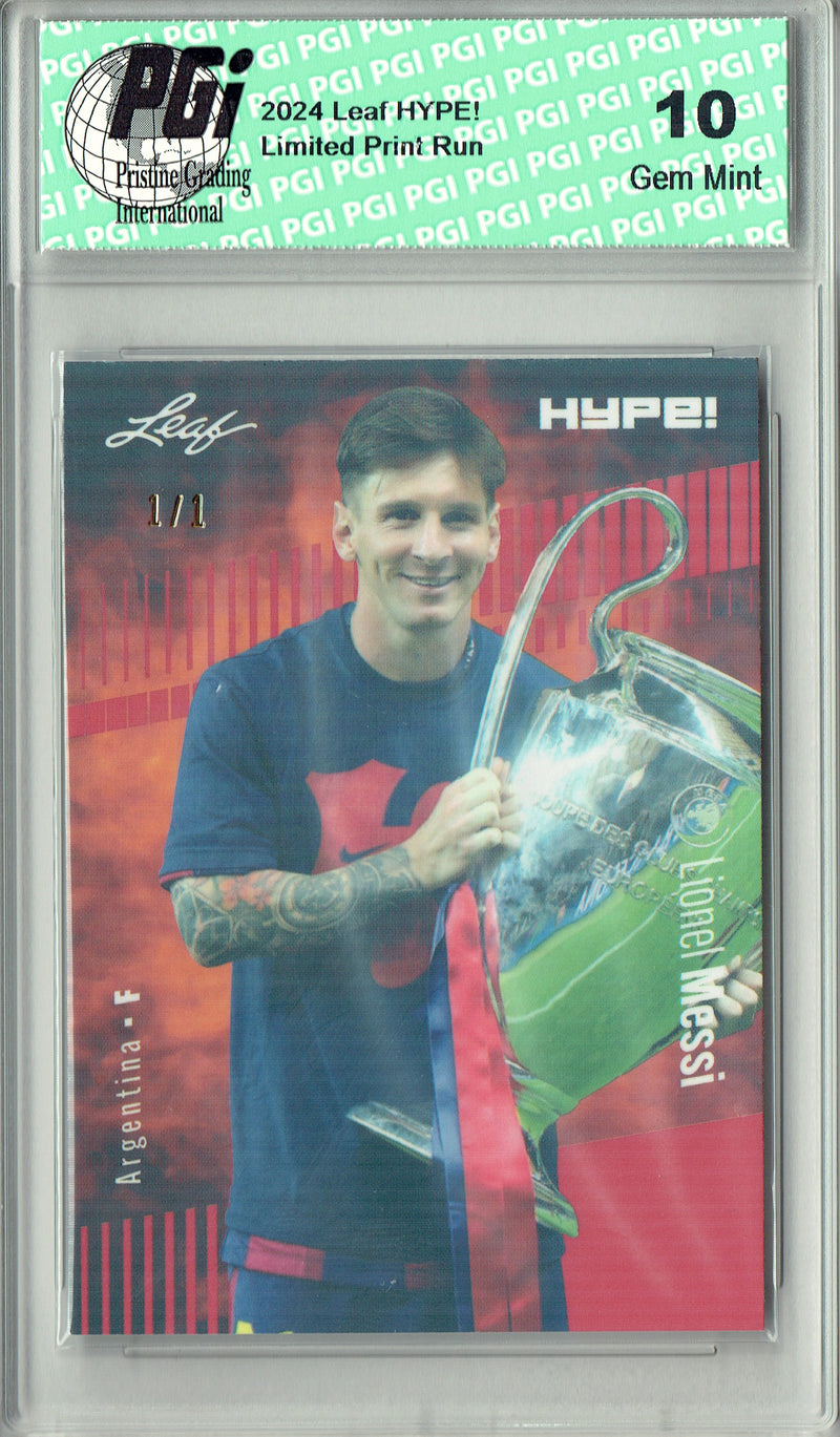 Lionel Messi 2024 Leaf HYPE! #166 Red Shimmer 1/1 Rookie Card PGI 10