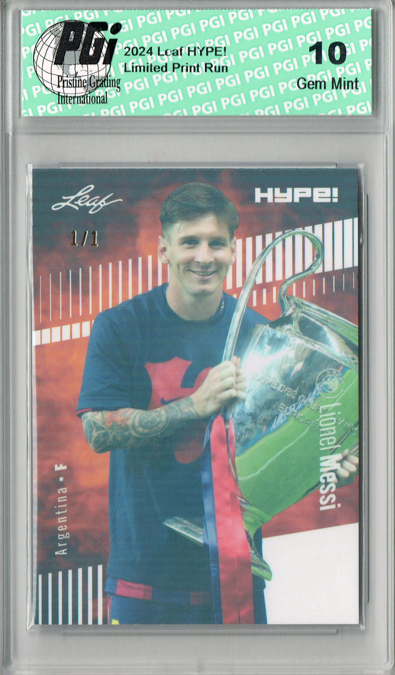 Lionel Messi 2024 Leaf HYPE! #166 White Shimmer 1/1 Rookie Card PGI 10