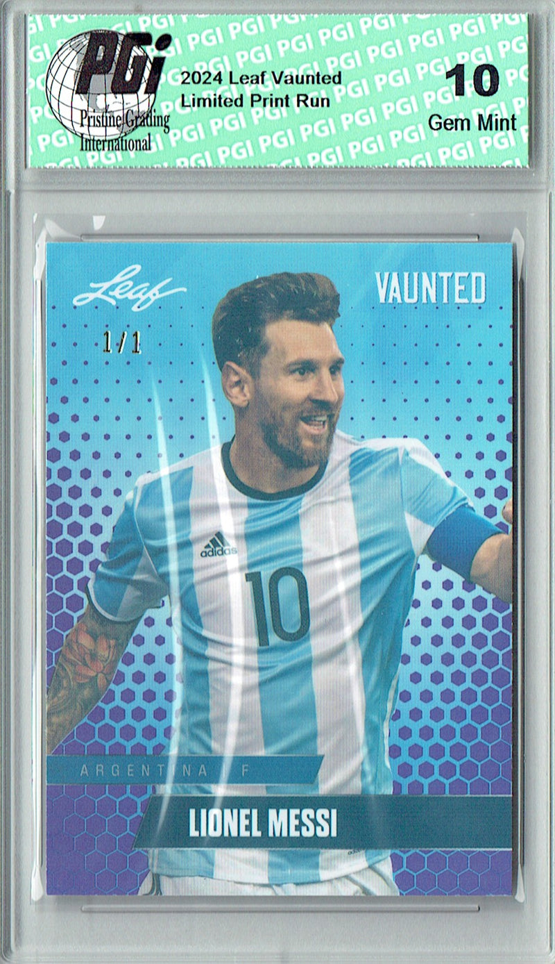 Lionel Messi Trading Card 2024 Leaf Vaunted #V-11 1/1 Purple Shimmer, PGI 10, Inter Miami Soccer