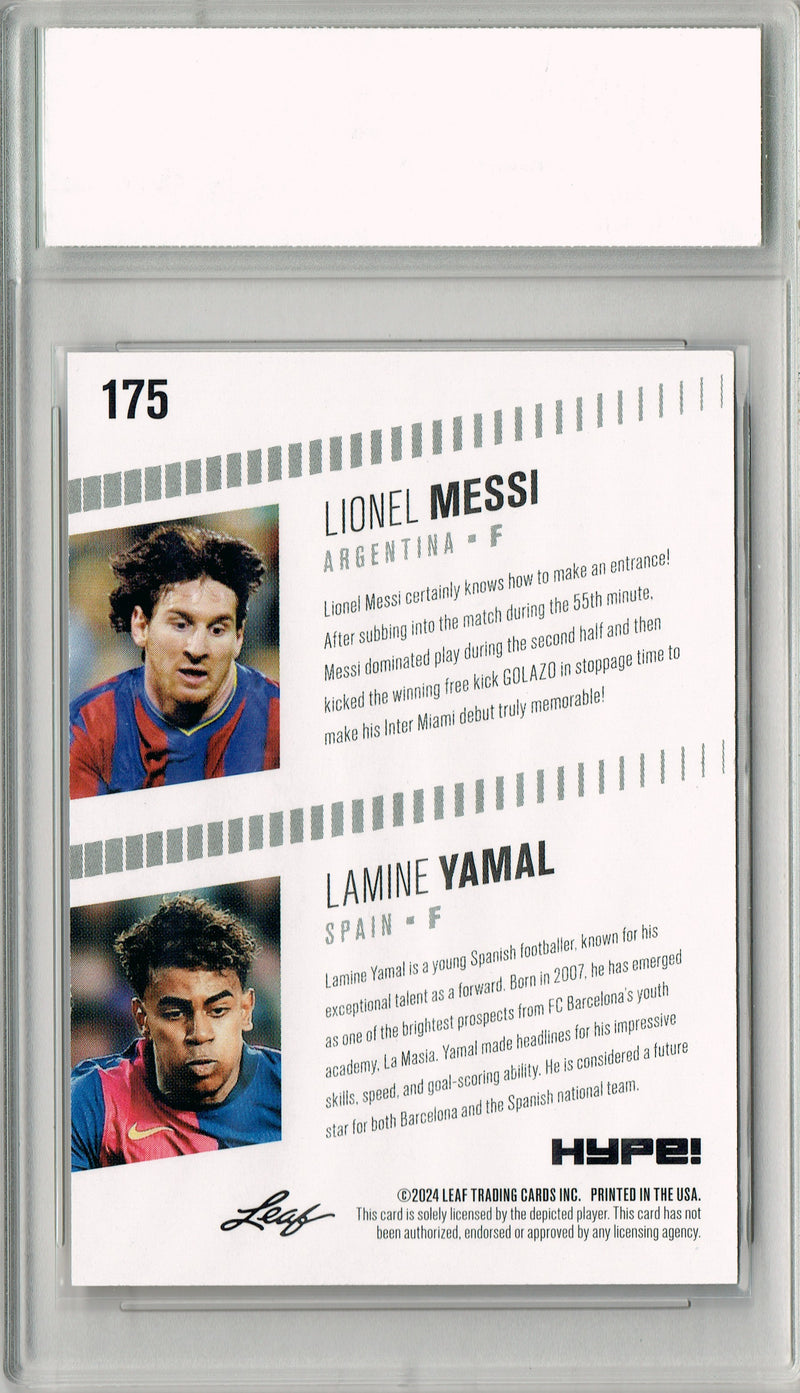 Lamine Yamal/Lionel Messi 2024 Leaf HYPE! #175 Gold SP 25 Made Rookie Card PGI 10